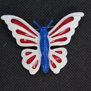Vintage Red, White & Blue Metal Enamel Butterfly Brooch